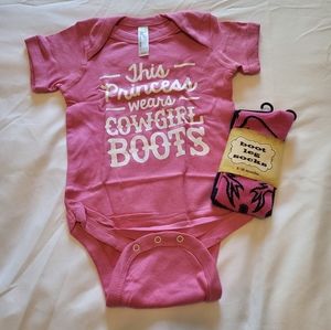 Bundle new pink cowgirl one piece bodysuit size 12 months, bootleg socks 6-18 mo